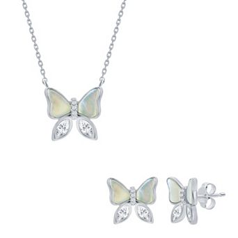 Argento Bella Sterling Silver Mother-of-Pearl & Cubic Zirconia Butterfly Necklace & Stud Earring Set