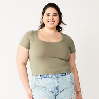 Juniors' Plus Size SO® Cropped Short Sleeve Squareneck Tee