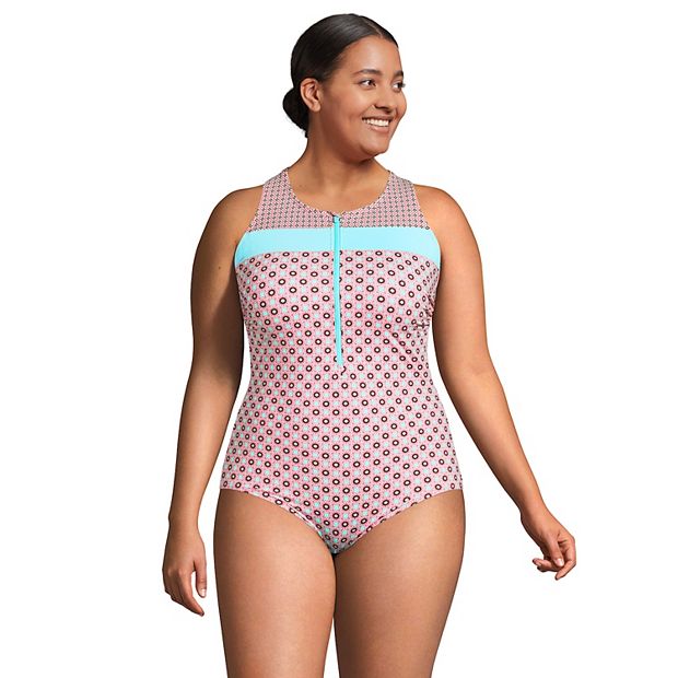 Plus Size Lands End UPF 50 Zip Front Bust Minimizer One Piece