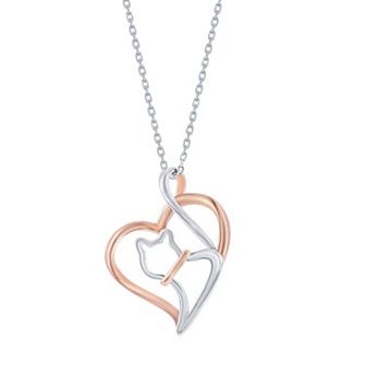 Argento Bella Two Tone Sterling Silver Heart Cat Pendant