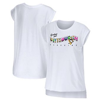 Women's WEAR by Erin Andrews White Pittsburgh Penguins Greetings From Muscle T-Shirt