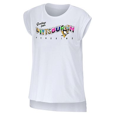 Women's WEAR by Erin Andrews White Pittsburgh Penguins Greetings From Muscle T-Shirt