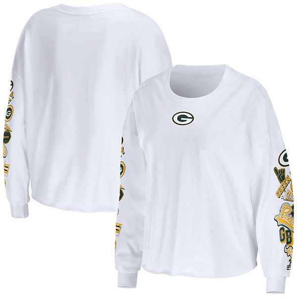 Women's WEAR by Erin Andrews White Green Bay Packers Celebration Cropped  Long Sleeve T-Shirt