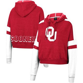 Women's Colosseum Crimson Oklahoma Sooners Throwback Stripe Arch Logo Cropped Pullover Hoodie
