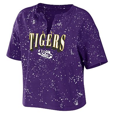 Women's WEAR by Erin Andrews Purple LSU Tigers Bleach Wash Splatter Notch Neck T-Shirt