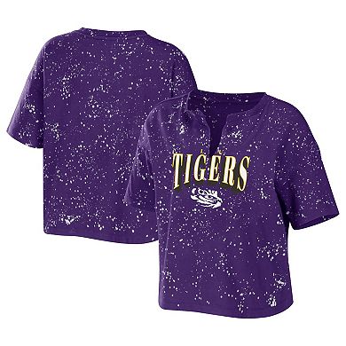Women's WEAR by Erin Andrews Purple LSU Tigers Bleach Wash Splatter Notch Neck T-Shirt