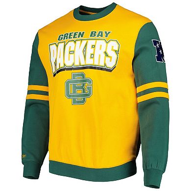 Men's Mitchell & Ness Gold Green Bay Packers All Over 2.0 Pullover Sweatshirt