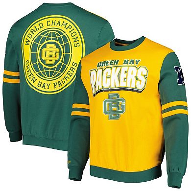 Men's Mitchell & Ness Gold Green Bay Packers All Over 2.0 Pullover Sweatshirt