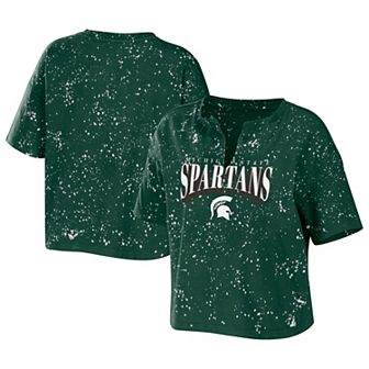 Women's WEAR by Erin Andrews Green Michigan State Spartans Bleach Wash Splatter Notch Neck T-Shirt
