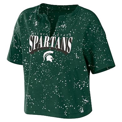 Women's WEAR by Erin Andrews Green Michigan State Spartans Bleach Wash Splatter Notch Neck T-Shirt