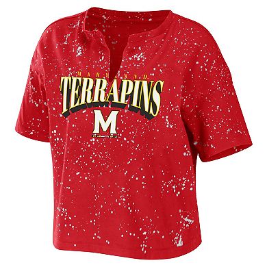 Women's WEAR by Erin Andrews Red Maryland Terrapins Bleach Wash Splatter Notch Neck T-Shirt