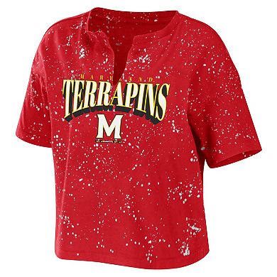 Women's WEAR by Erin Andrews Red Maryland Terrapins Bleach Wash Splatter Cropped Notch Neck T-Shirt