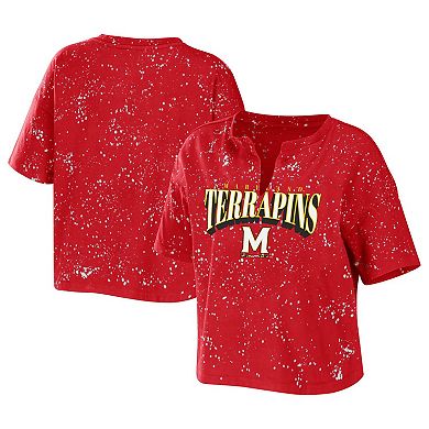 Women's WEAR by Erin Andrews Red Maryland Terrapins Bleach Wash Splatter Cropped Notch Neck T-Shirt