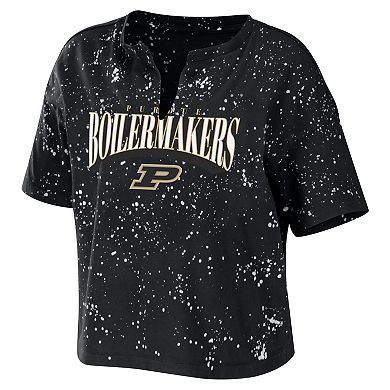 Women's WEAR by Erin Andrews Black Purdue Boilermakers Bleach Wash Splatter Notch Neck T-Shirt