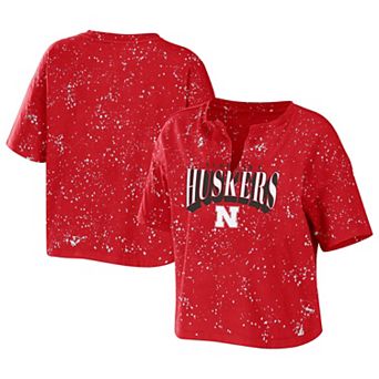 Women's WEAR by Erin Andrews Scarlet Nebraska Huskers Bleach Wash Splatter Notch Neck T-Shirt