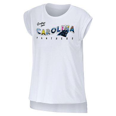 Women's WEAR by Erin Andrews White Carolina Panthers Greetings From Muscle T-Shirt