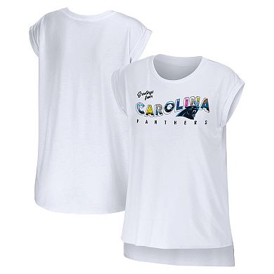 Women's WEAR by Erin Andrews White Carolina Panthers Greetings From Muscle T-Shirt