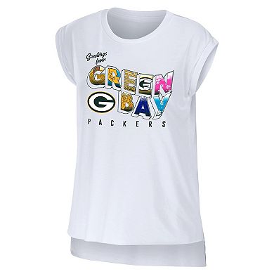 Women's WEAR by Erin Andrews White Green Bay Packers Greetings From Muscle T-Shirt