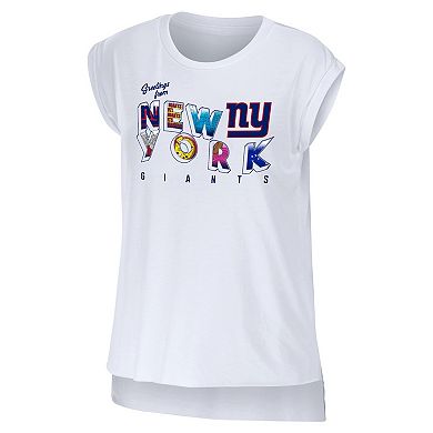 Women's WEAR by Erin Andrews White New York Giants Greetings From Muscle T-Shirt