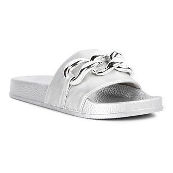 London Rag Women's Ishtar Metallic Chain Metal Slide Sandals