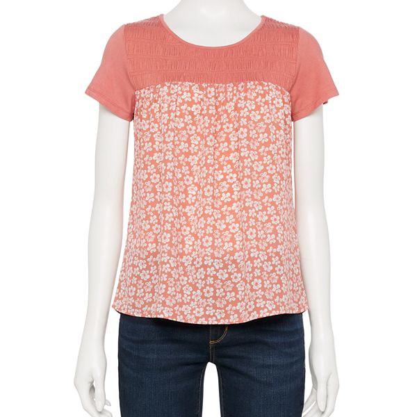 Liverpool: Short Sleeve Knit-To-Woven Top W/ Emb in Diva Pink main image 0