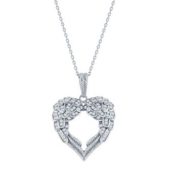 Argento Bella Sterling Silver Cubic Zirconia Angel Wings Heart Pendant Necklace