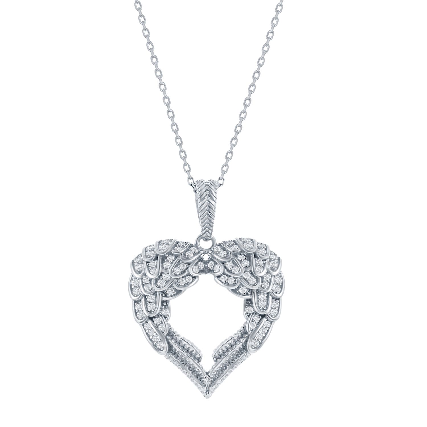 Sterling Silver Angel Wing Pendant Necklace - Cubic Zirconia, 18 Inch Chain, Gift Box