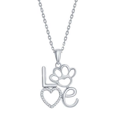 Sterling Silver Black And White CZ Heart With Paw Print Necklace