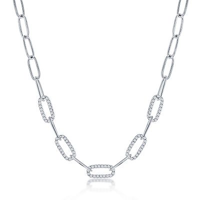 Argento Bella Sterling Silver Cubic Zirconia Bar Link Paper Clip Chain Necklace