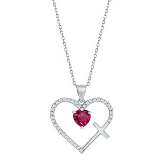 Argento Bella Sterling Silver White & Red Cubic Zirconia Cross & Heart Pendant Necklace