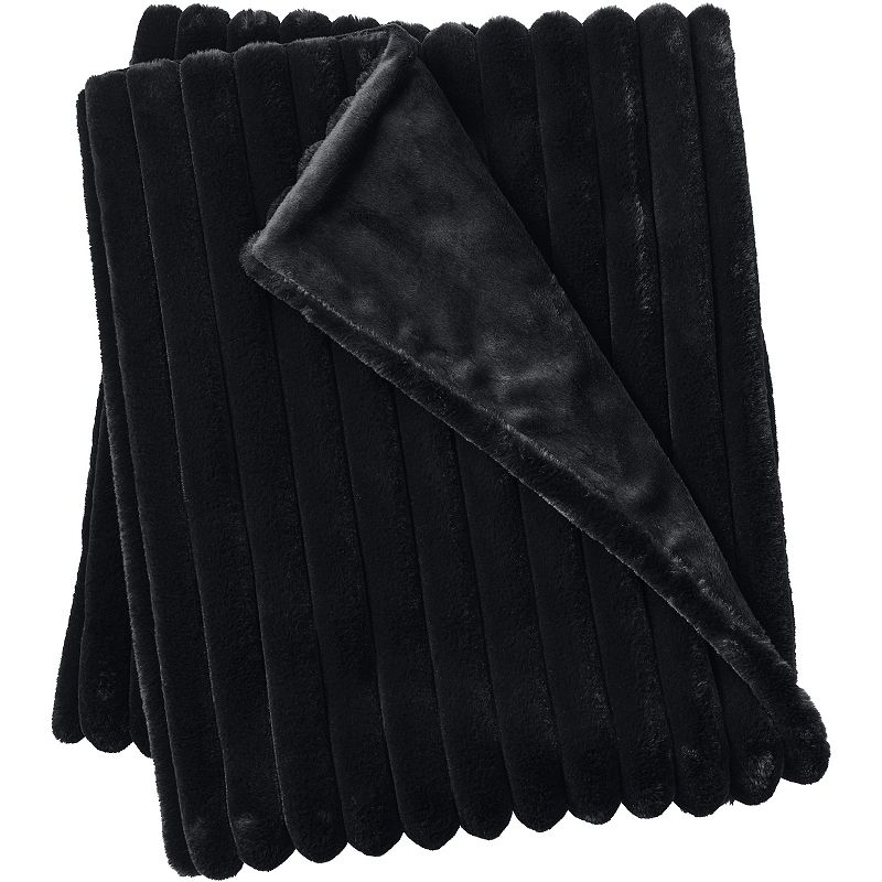 Lands End Channel Stitch Faux Fur Throw Blanket, Black