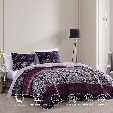 Bebejan Cordon Purple 100% Cotton 3-piece Reversible Quilt Set