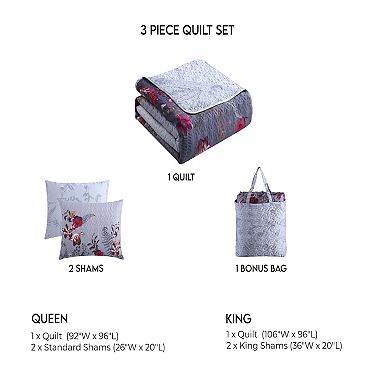 Bebejan Nicole Grey 100% Cotton 3-piece Reversible Quilt Set