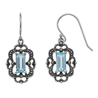 Tori Hill Sterling Silver Marcasite Blue Topaz Earrings