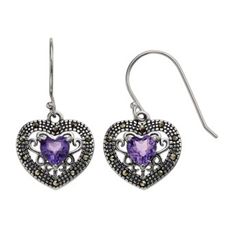 Tori Hill Sterling Silver Amethyst & Marcasite Heart Earrings