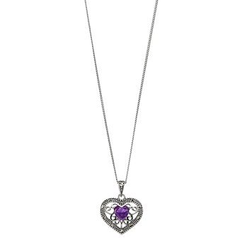 Tori Hill Sterling Silver Amethyst & Marcasite Heart Pendant Necklace