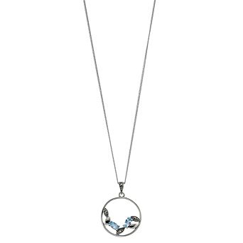 Tori Hill Sterling Silver Blue Topaz & Marcasite Round Pendant Necklace