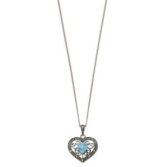 Tori Hill Sterling Silver Blue Topaz & Marcasite Heart Pendant Necklace