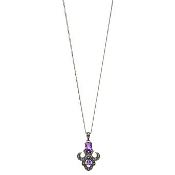 Tori Hill Sterling Silver Amethyst & Marcasite Fleur De Lis Pendant Necklace