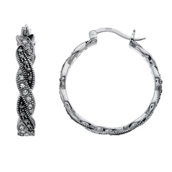Tori Hill Sterling Silver Marcasite & Crystal Braided Round Hoop Earrings