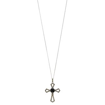 Tori Hill Sterling Silver Onyx & Marcasite Cross Pendant Necklace