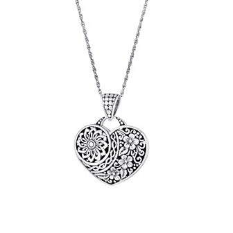 Athra NJ Inc Sterling Silver Oxidized Filigree Flower Heart Pendant