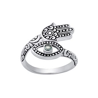 Athra NJ Inc Sterling Silver Oxidized Hamsa Evil Eye Bypass Ring