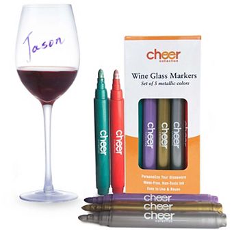 Cheer Collection Metallic Colors Wine Glass Markers, Pack of 5 Washable Pens, Easy Erase, Dries Fast