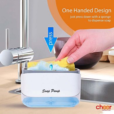 Cheer Collection 2-in-1 Soap Dispenser & Sponge Holder Compact Sink Organizer with Drain Tray