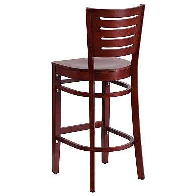 Emma and Oliver Slat Back Mahogany Wood Barstool, Black Vinyl Seat