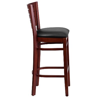 Emma and Oliver Slat Back Mahogany Wood Barstool, Black Vinyl Seat