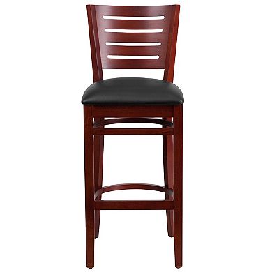 Emma and Oliver Slat Back Mahogany Wood Barstool, Black Vinyl Seat