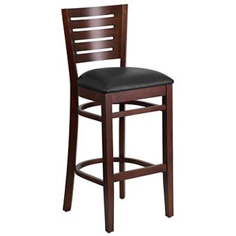 Emma and Oliver Slat Back Mahogany Wood Barstool, Black Vinyl Seat