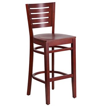 Emma and Oliver Slat Back Mahogany Wood Barstool, Black Vinyl Seat